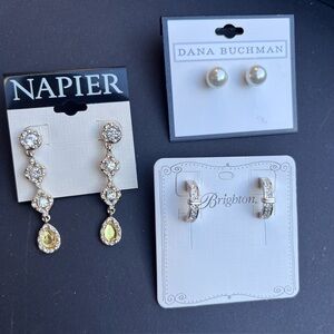 Bundle Lot of 3 Pierced Fashion Earrings Crystals Pearls Dangle Half Hoops Studs